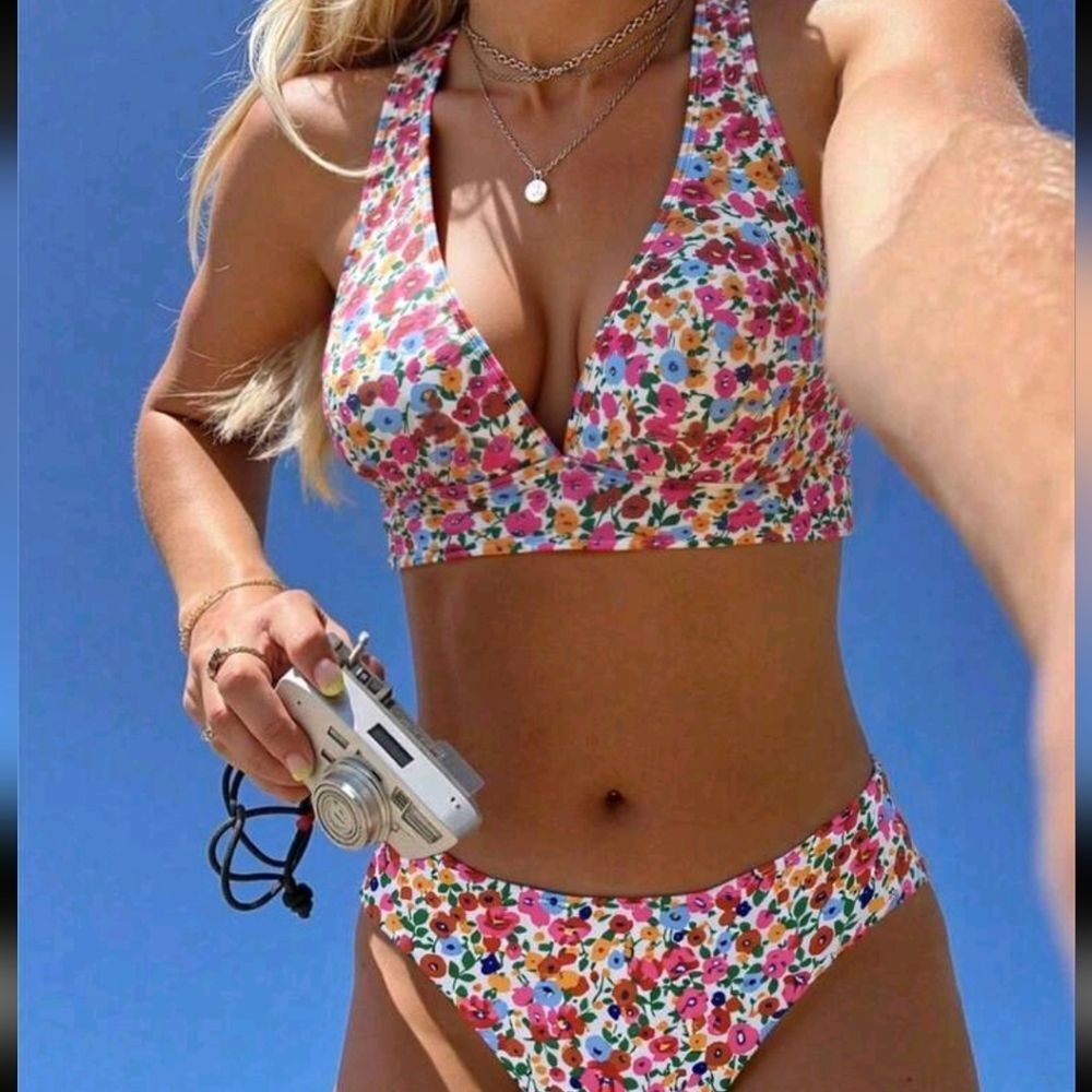 Womens Casual Beach & Swim Floral Ditsy Flower Halter Tie Back High Waist Bikini - Picture 7 of 7
